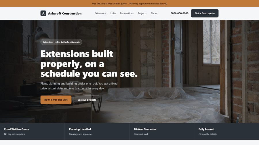 A builder's website showing an extension project gallery