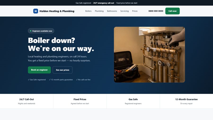 A heating and plumbing website with prices and a call-out button